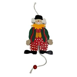 Vintage Wooden Clown Pull String Toy Christmas Ornament
